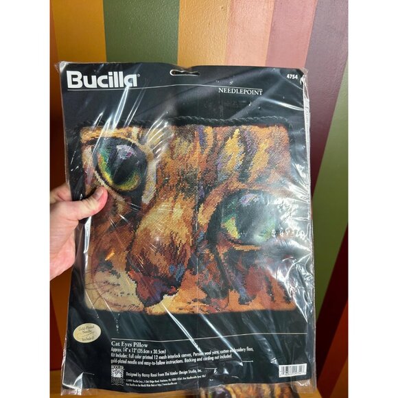 Bucilla needlepoint cat kitty cat eye pillow designed by Nancy Rossi pillow kit - Picture 2 of 6